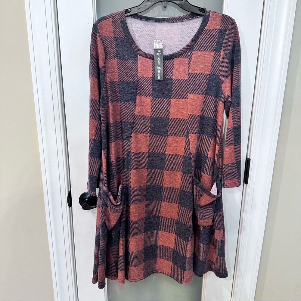 Buffalo Plaid A-line Mini Dress, Size large, BNWT Boutique